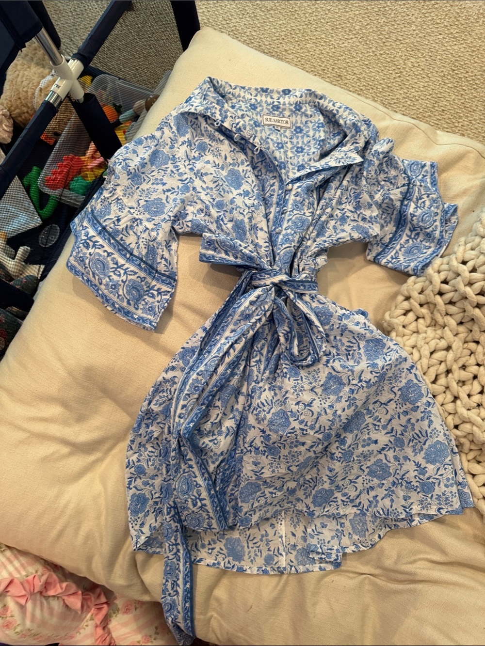 Blue Floral Cotton Tie-Waist dress